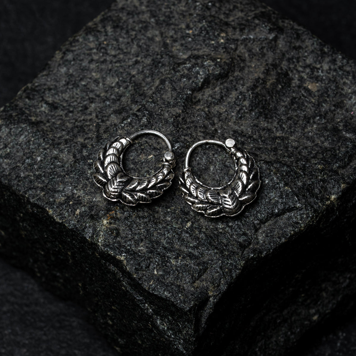 Phoolrekha silver munade hoop earrings floral carved pattern