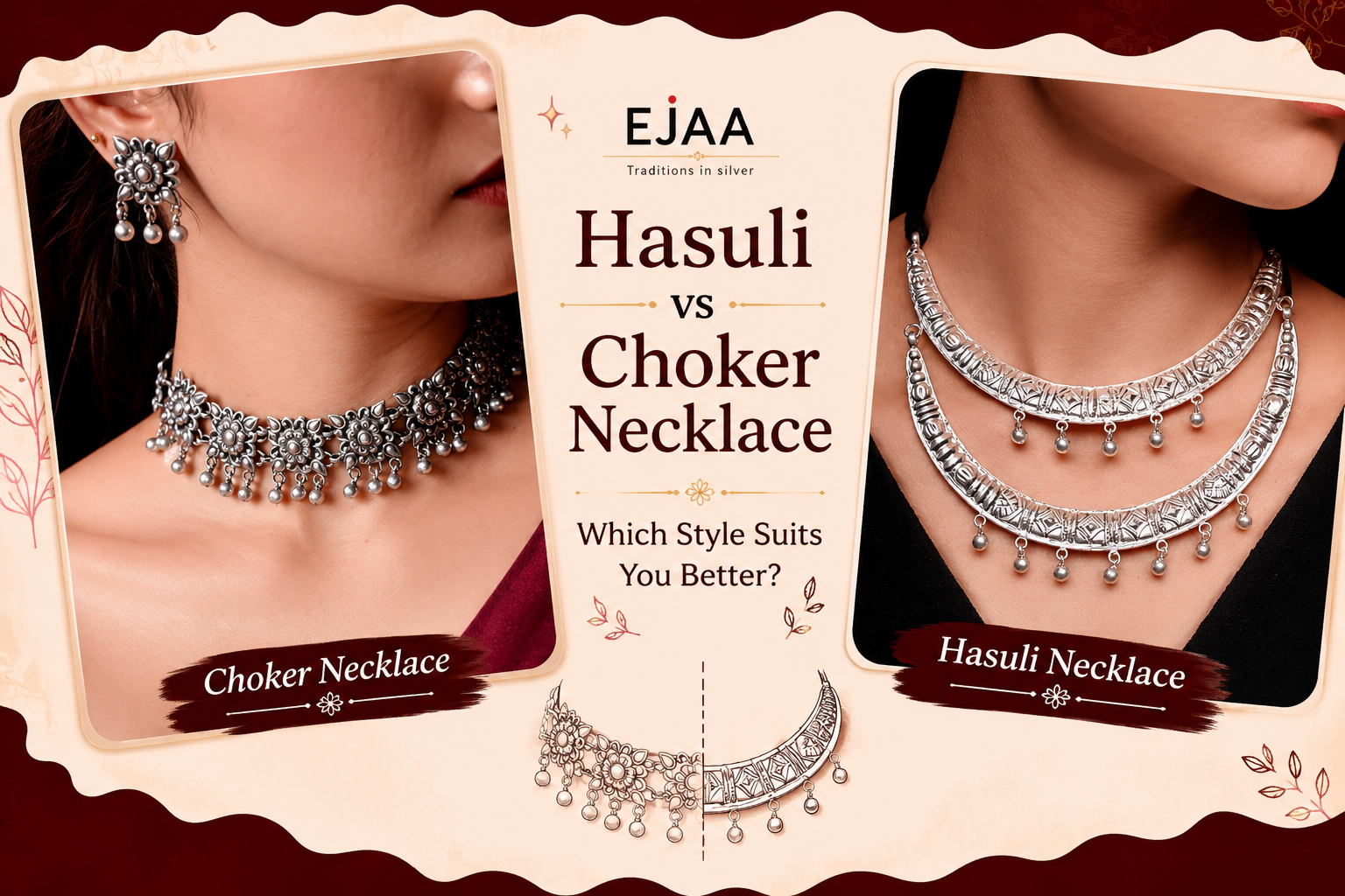 Hasuli vs Choker Necklace comparison featuring traditional silver Hasuli necklace and handcrafted silver choker jewellery
