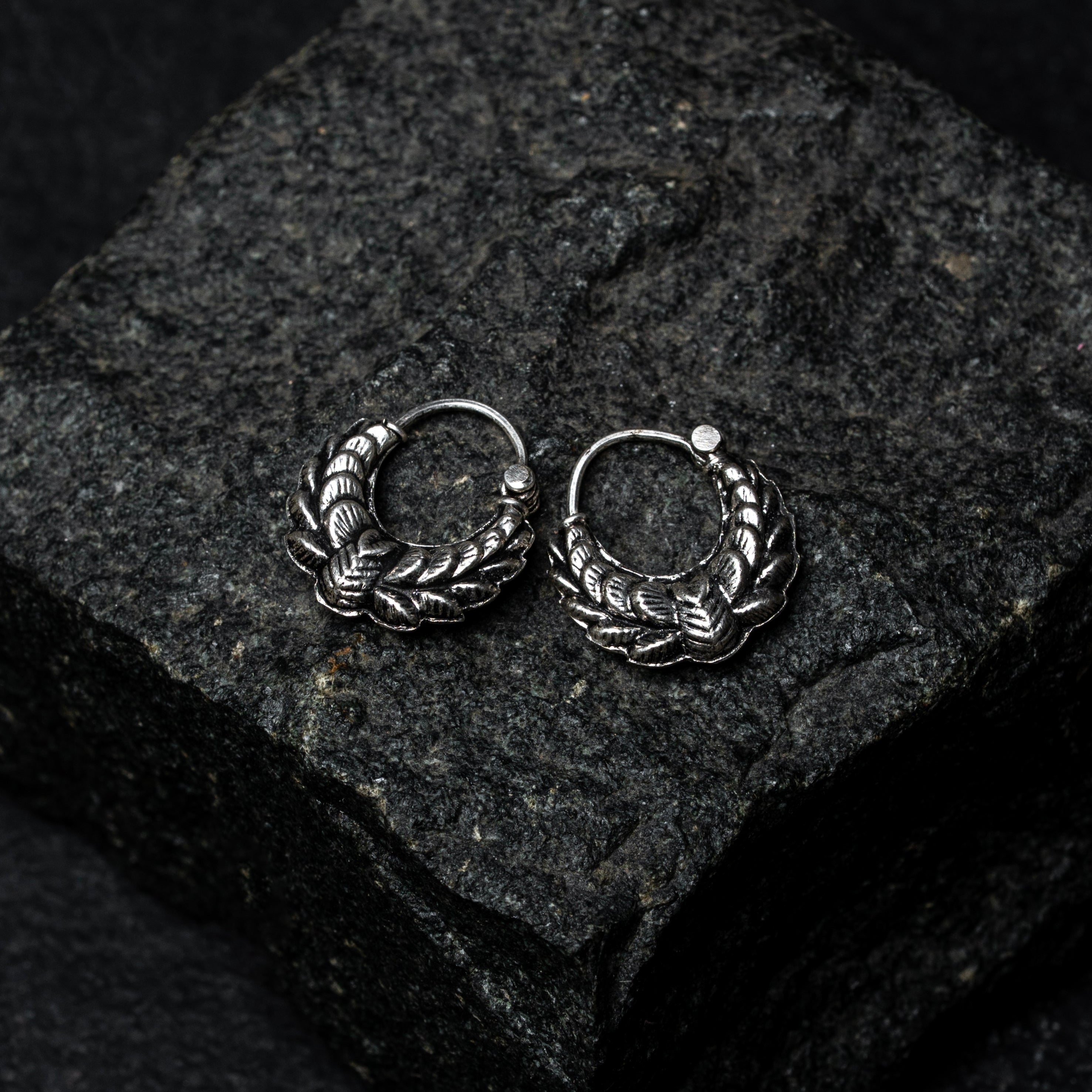 Phoolrekha silver munade hoop earrings floral carved pattern
