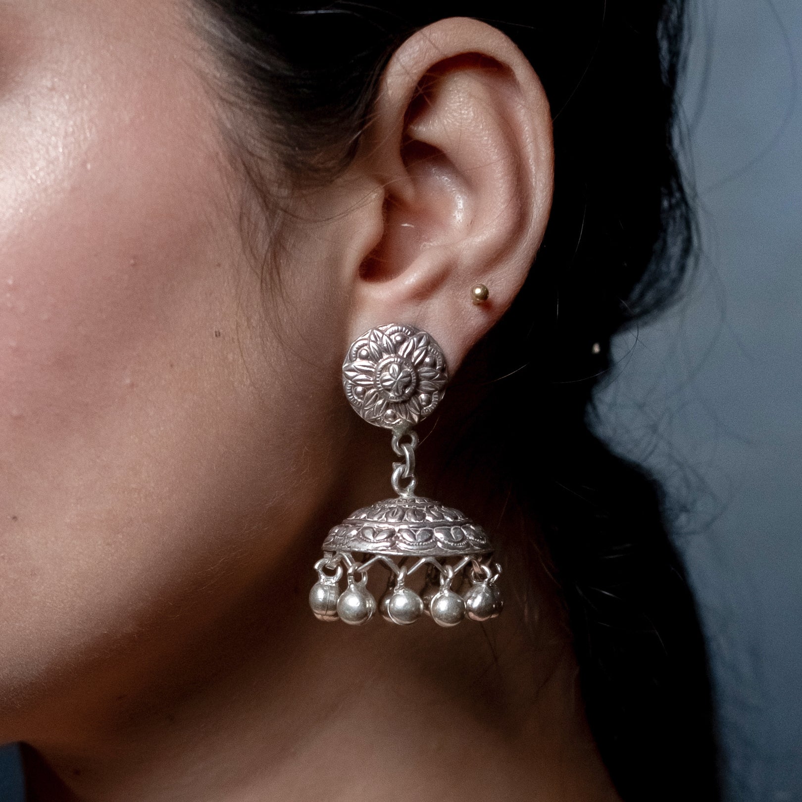 Buransh Silver Jhumki Earring