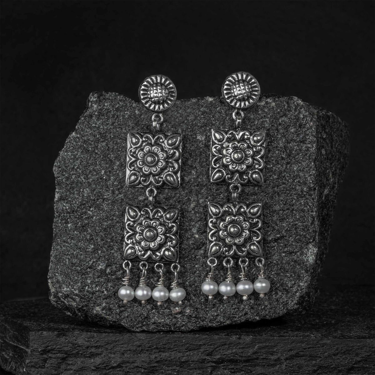 Chauki Pearl Danglers | Silver Pahadi Earrings