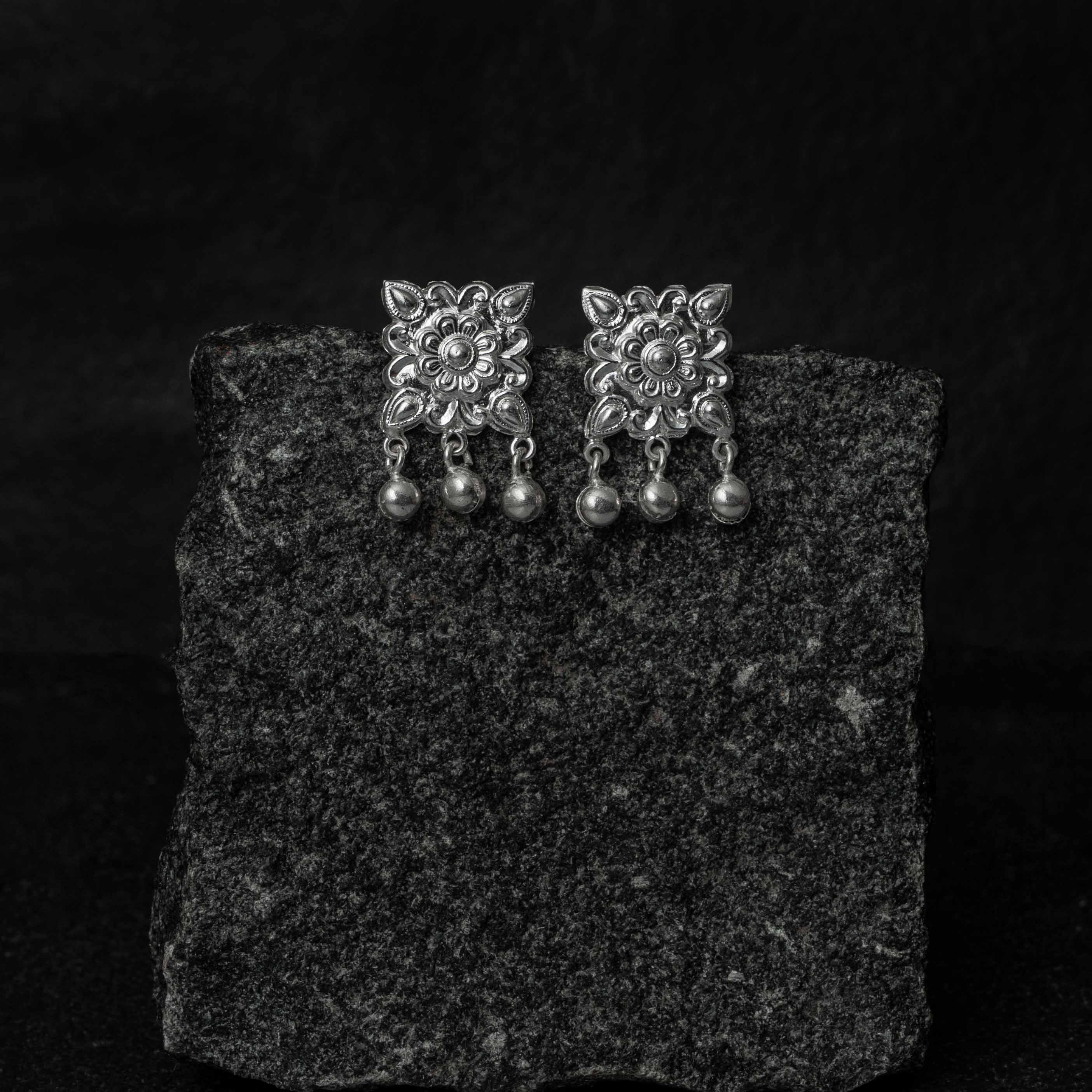 Chauki Ghungroo Silver Drops Earrings